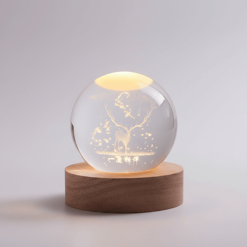 Pavoco Beleuchtung Rentier Faszinierende LED Lampe für Unisex 3D Gravur warmweiß aus Holz und Glas