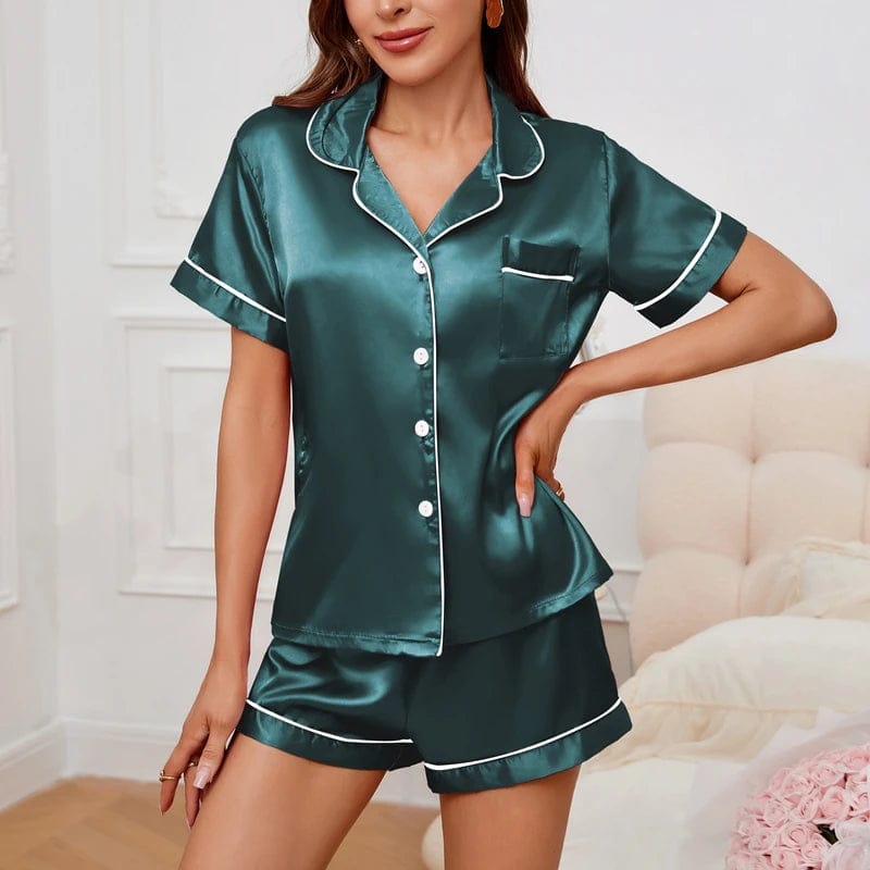 Pavoco Damen Schlafanzüge Dunkelgrün / M Bequemes Pyjama Set für Damen kurzarm mit Shorts elegant atmungsaktiv