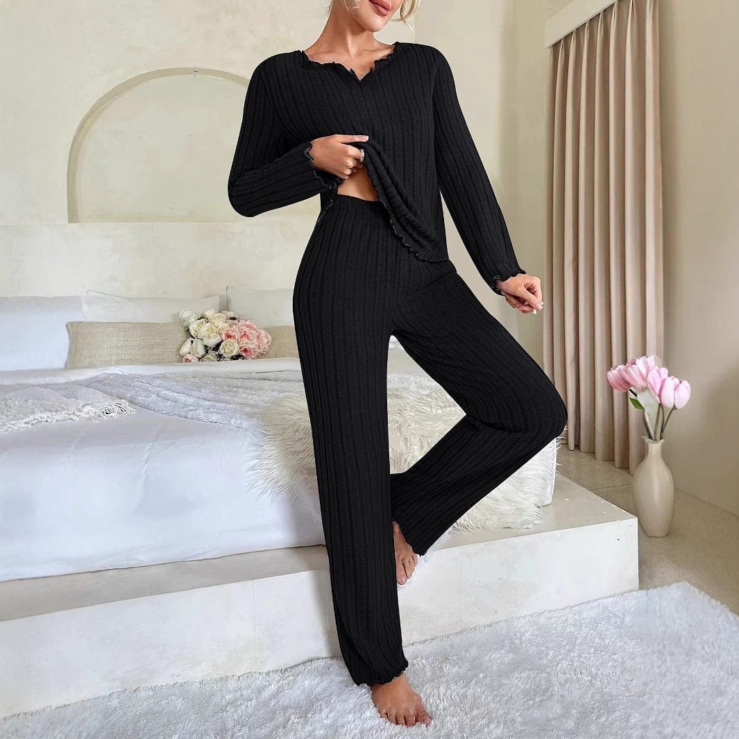 Pavoco Damen Schlafanzüge Eleganter Damen Pyjama lang aus Baumwolle bequem mit Rüschen für entspannte Nächte