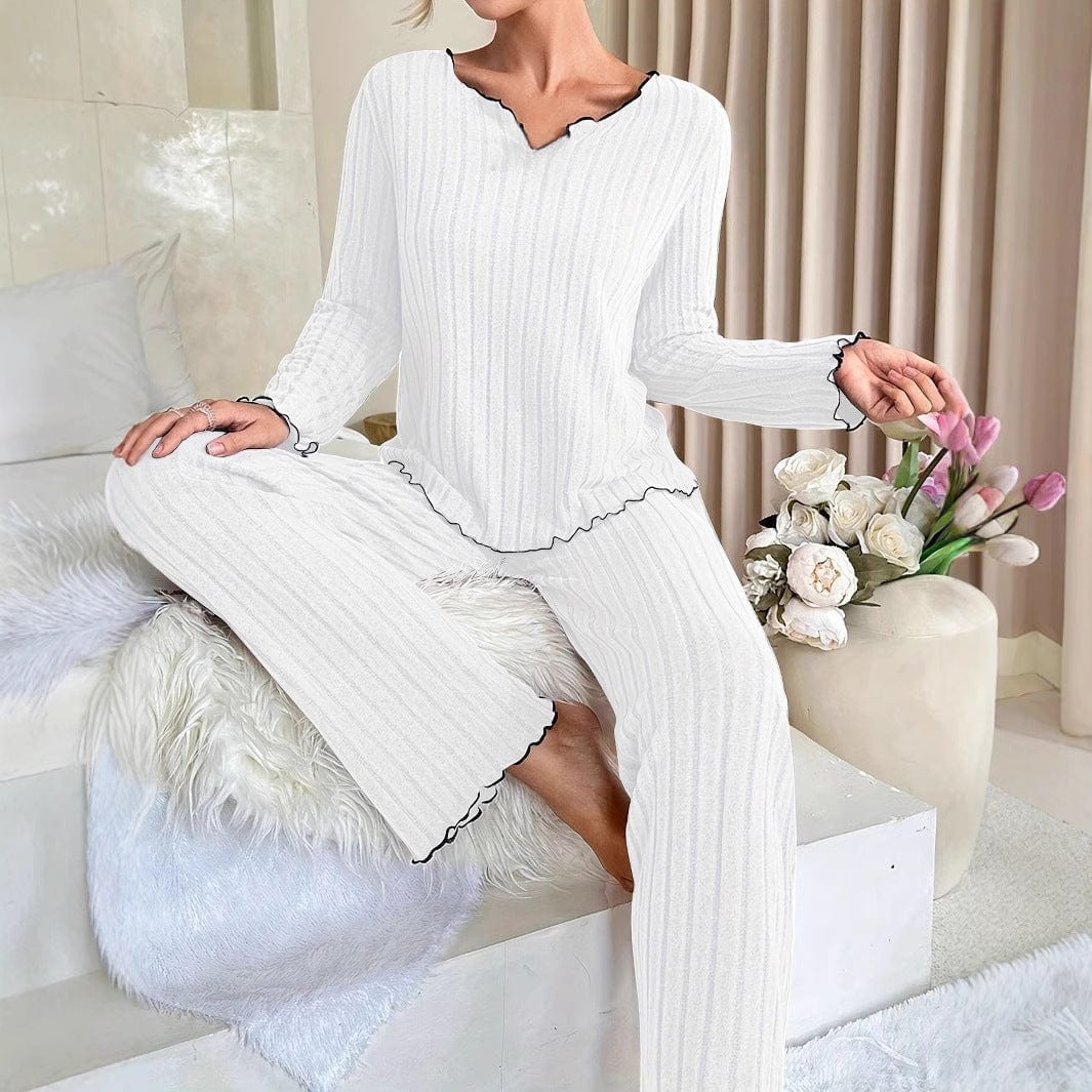 Pavoco Damen Schlafanzüge Eleganter Damen Pyjama lang aus Baumwolle bequem mit Rüschen für entspannte Nächte