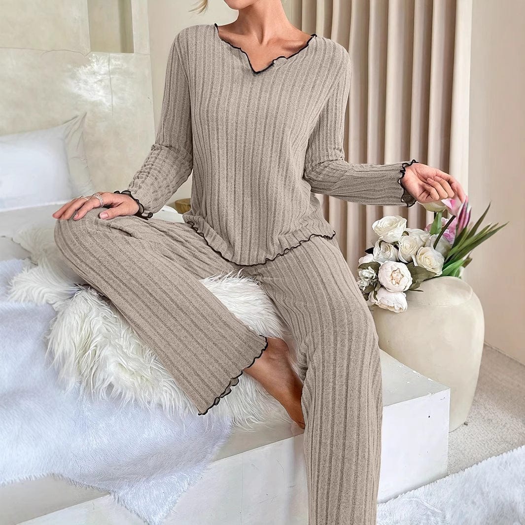 Pavoco Damen Schlafanzüge Eleganter Damen Pyjama lang aus Baumwolle bequem mit Rüschen für entspannte Nächte