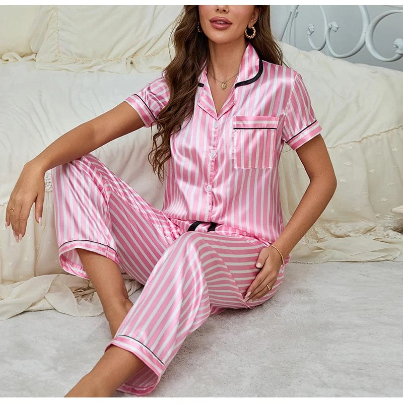 Pavoco Damen Schlafanzüge Elegantes Damen Pyjama Set aus Baumwolle lang gestreift bequem für entspannte Nächte