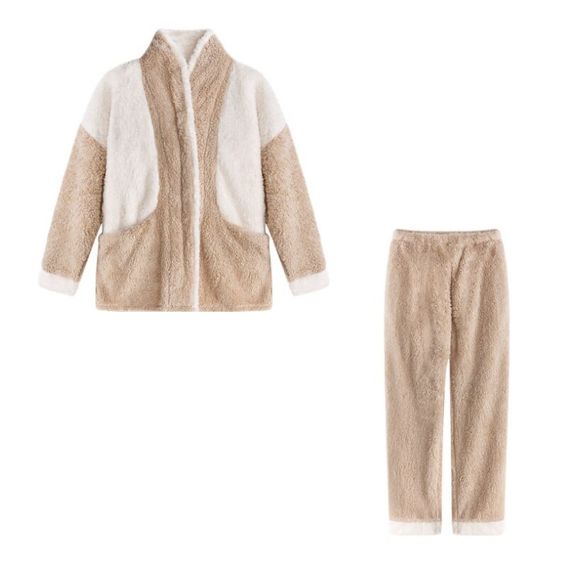 Pavoco Damen-Schlafanzüge Khaki / M Kuscheliger Damen Pyjama langarm warm gemütlich für Winter entspannte Abende
