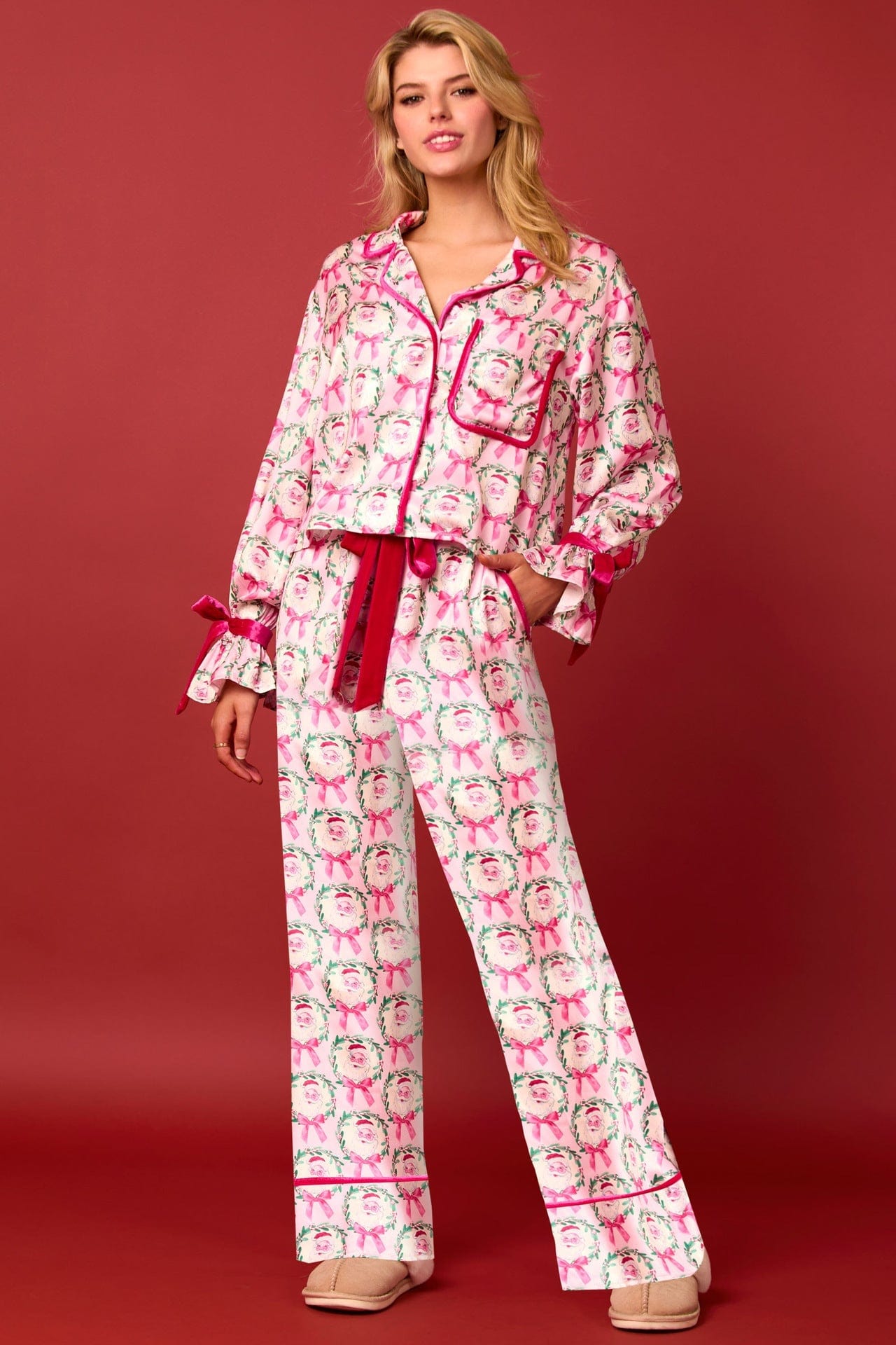 Pavoco Damenpyjamas Rosa / M Luxuriöses Satin Pyjama Set für Damen elegant bequem atmungsaktiv mit Nussknacker Motiv