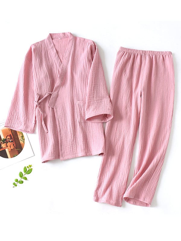 Pavoco Damenpyjamas Rosa / S Lässiges Pyjama Set für Damen warm Wickeldesign Winter bequem