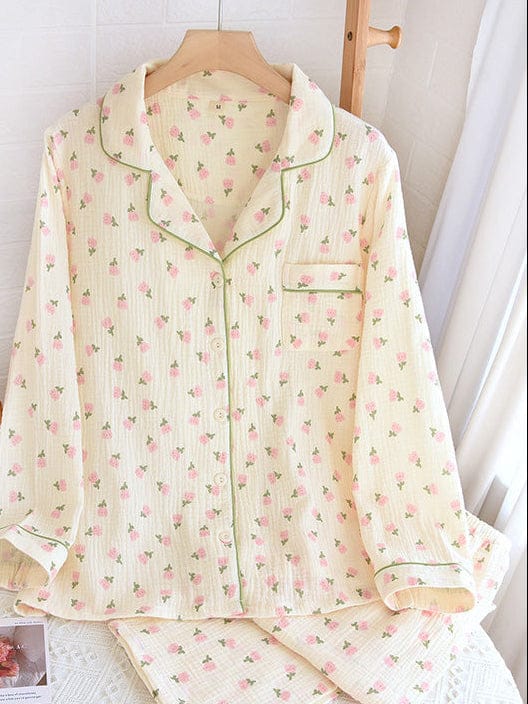 Pavoco Damenpyjamas Tulpe mit langen Ärmeln / S Gemütliches Pyjama Set für Damen langarm mit Knopfleiste und floralem Design