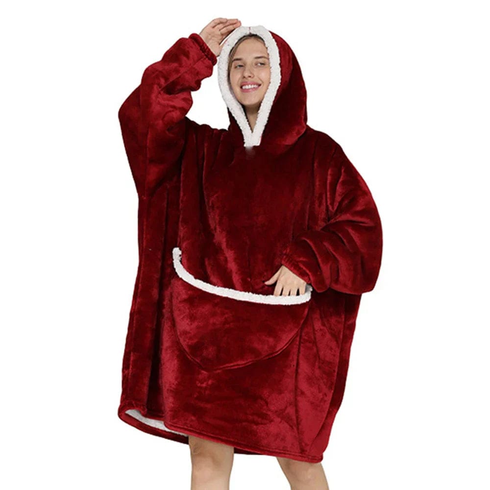 Pavoco Decken & Überwürfe Rot Kuschelige Oversized Decke für Unisex mit Kapuze und Taschen aus Fleece Herbst Winter