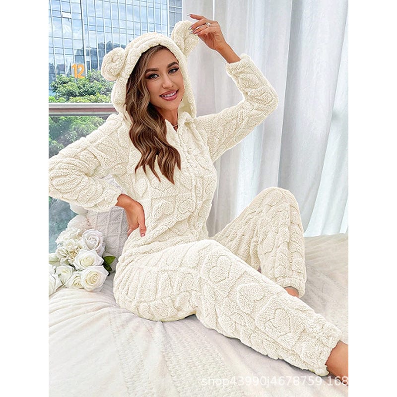 Pavoco Freizeitkleidung Creme / S Gemütlicher Fleece Overall für Damen mit Kapuze warm und weich ideal für Zuhause