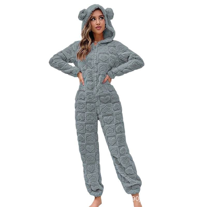 Pavoco Freizeitkleidung Gemütlicher Fleece Overall für Damen mit Kapuze warm und weich ideal für Zuhause