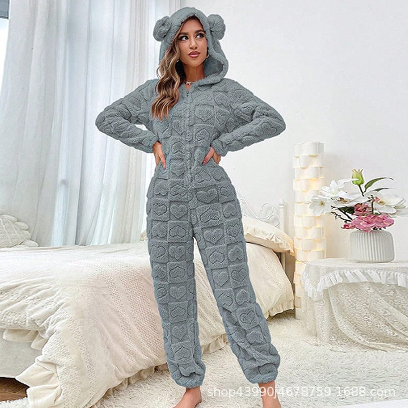 Pavoco Freizeitkleidung Grau / S Gemütlicher Fleece Overall für Damen mit Kapuze warm und weich ideal für Zuhause