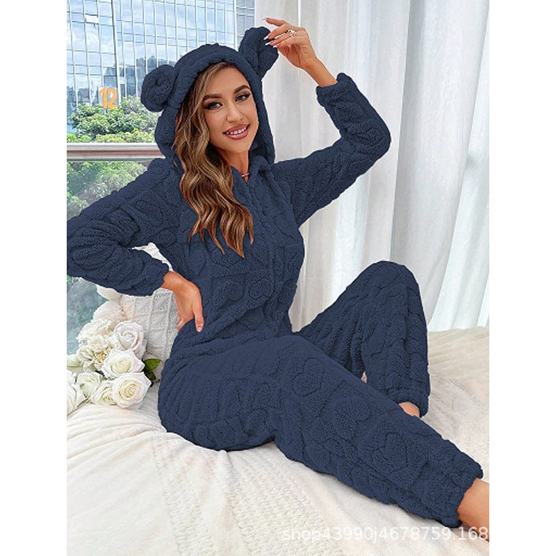 Pavoco Freizeitkleidung Königsblau / S Gemütlicher Fleece Overall für Damen mit Kapuze warm und weich ideal für Zuhause
