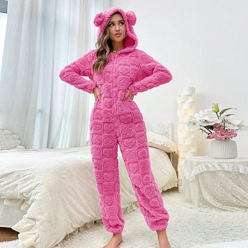 Pavoco Freizeitkleidung Magenta / S Gemütlicher Fleece Overall für Damen mit Kapuze warm und weich ideal für Zuhause