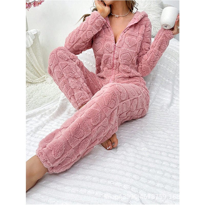 Pavoco Freizeitkleidung Rosa / S Gemütlicher Fleece Overall für Damen mit Kapuze warm und weich ideal für Zuhause