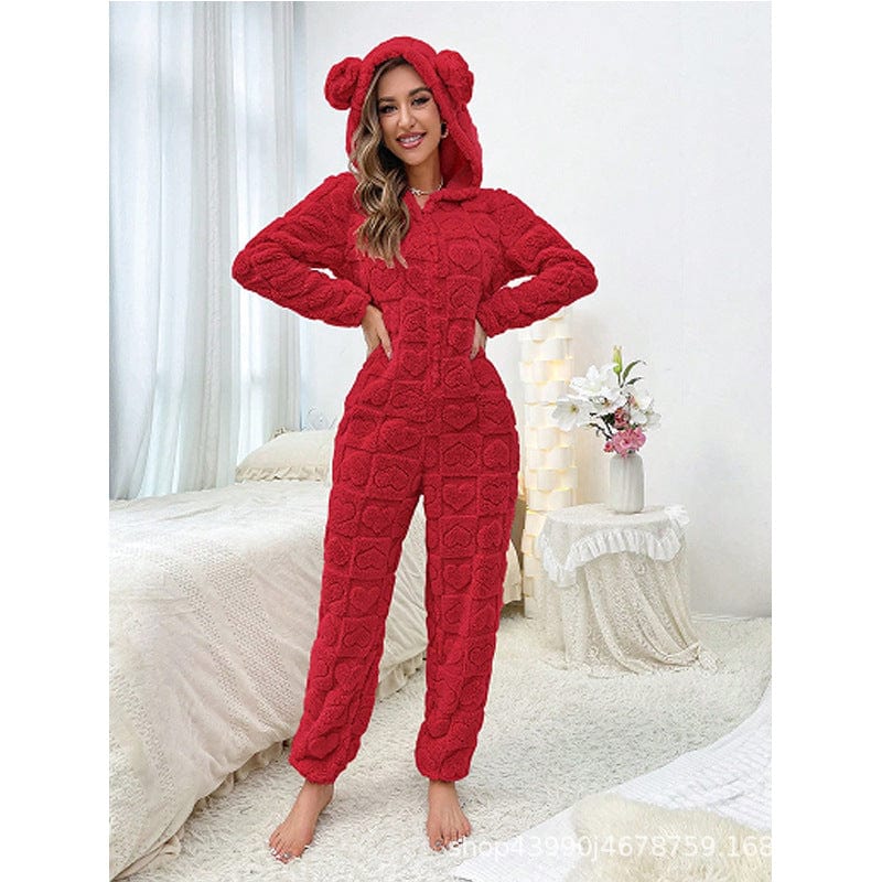 Pavoco Freizeitkleidung Rot / S Gemütlicher Fleece Overall für Damen mit Kapuze warm und weich ideal für Zuhause