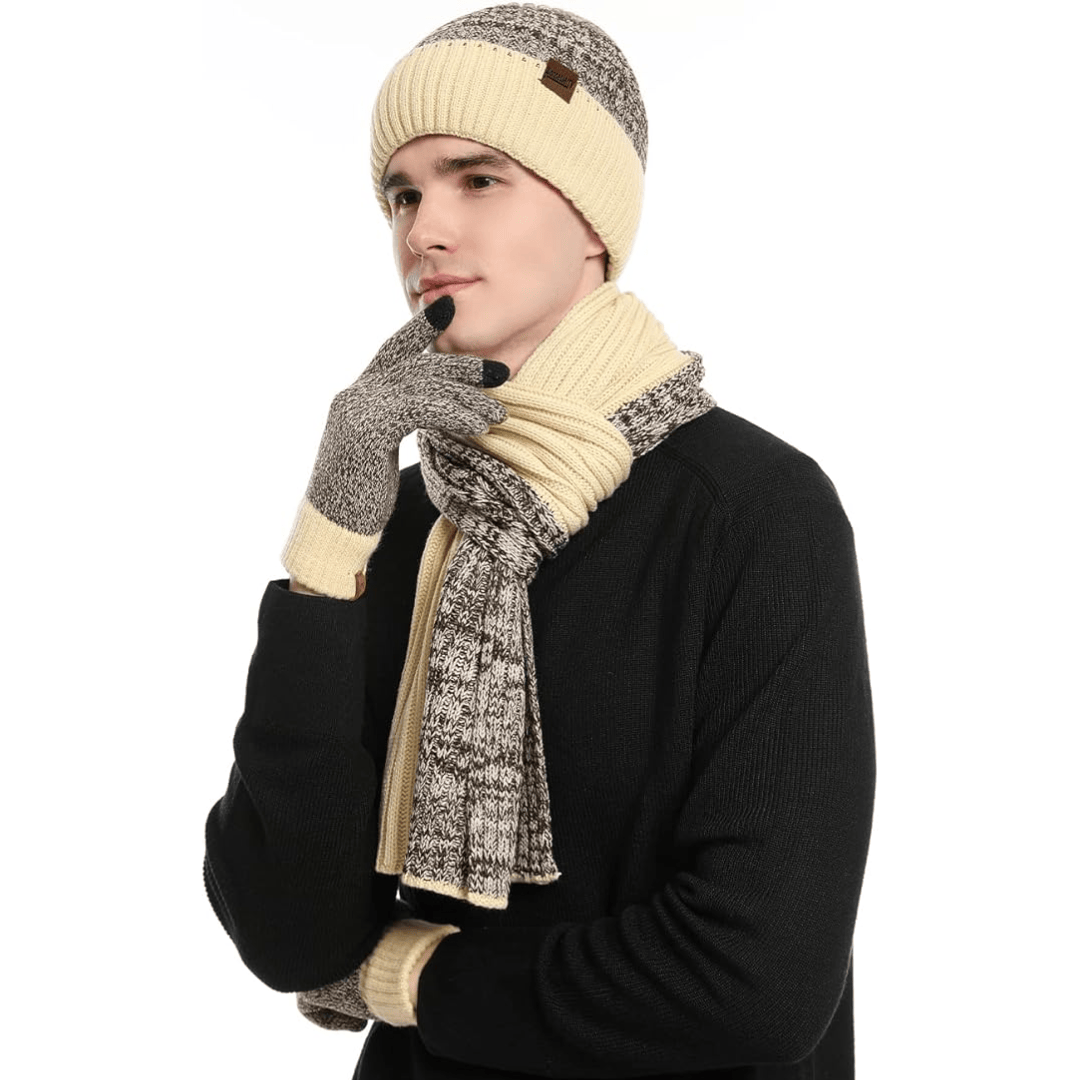 Pavoco Hüte & Handschuhe Beige Stilvolles Winterset für Herren Mütze Handschuhe warm elastisch Strick