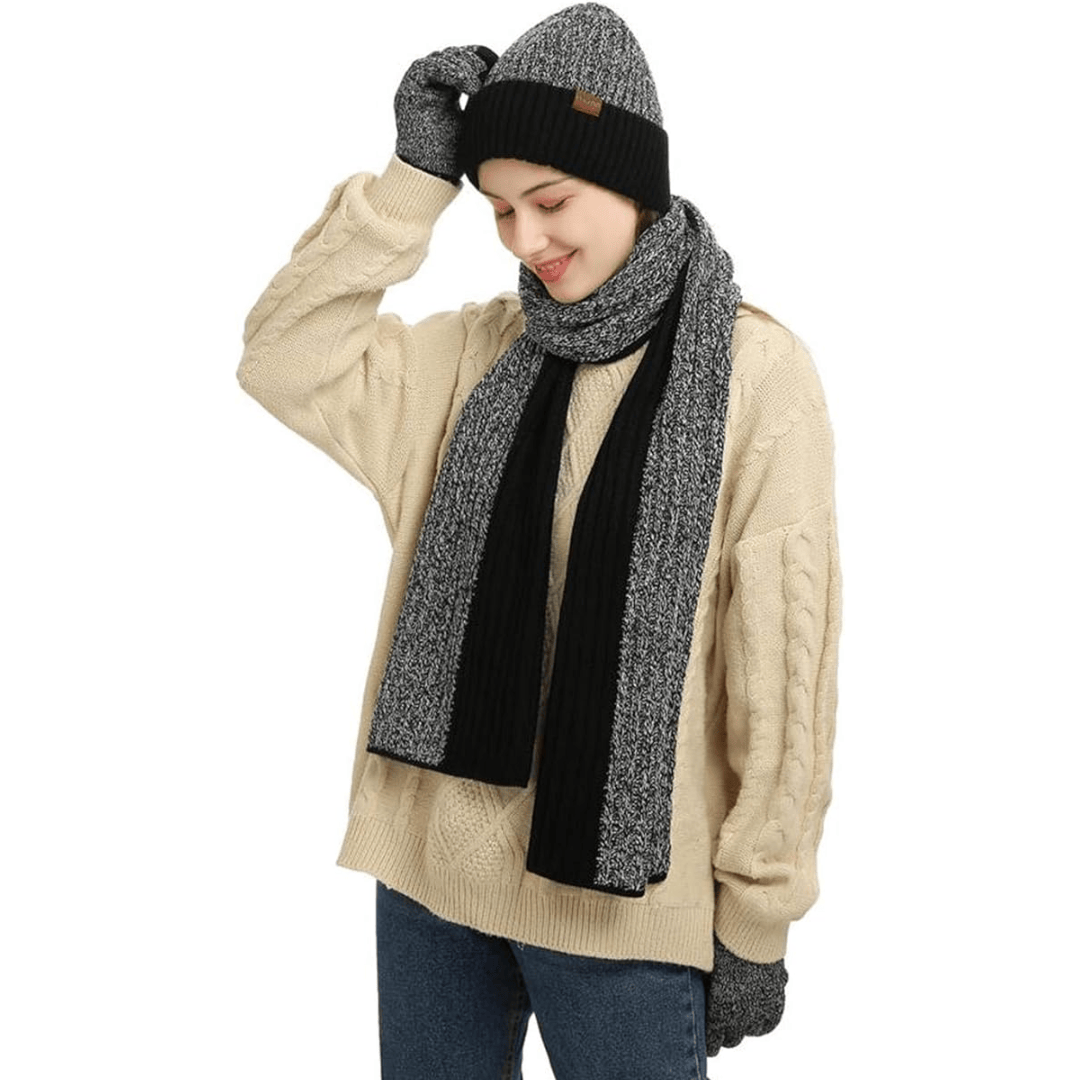 Pavoco Hüte & Handschuhe Schwarz/Weiß Stilvolles Winterset für Herren Mütze Handschuhe warm elastisch Strick