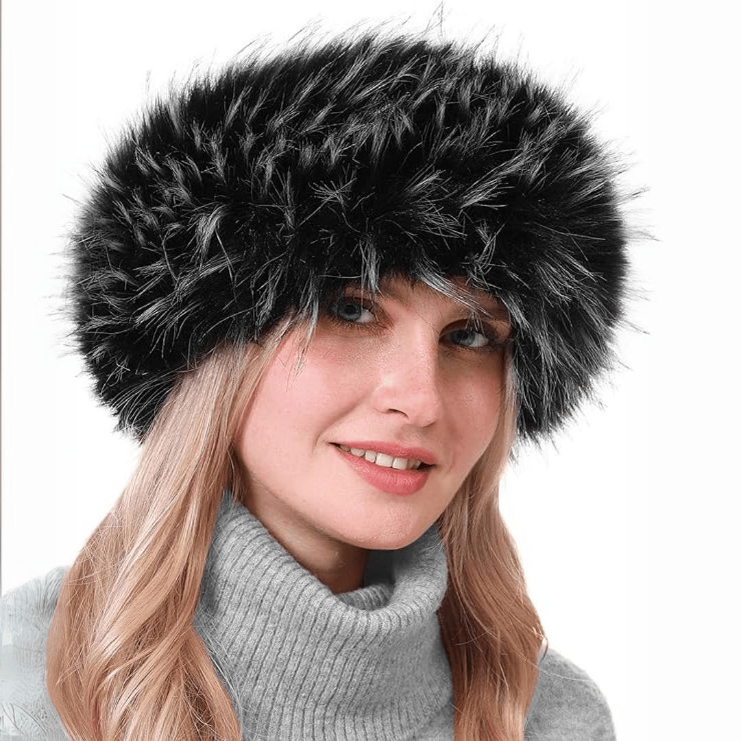 Pavoco Hüte & Mützen Schwarz mit Spitzen Stilvolles Haarband für Damen elastisch aus Kunstfell Winter warm