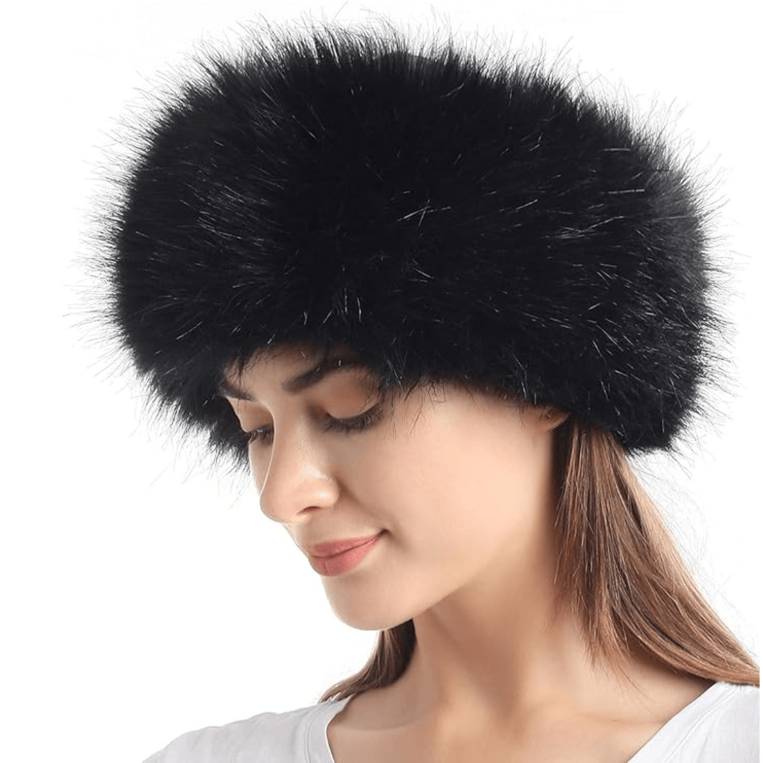 Pavoco Hüte & Mützen Schwarz Stilvolles Haarband für Damen elastisch aus Kunstfell Winter warm