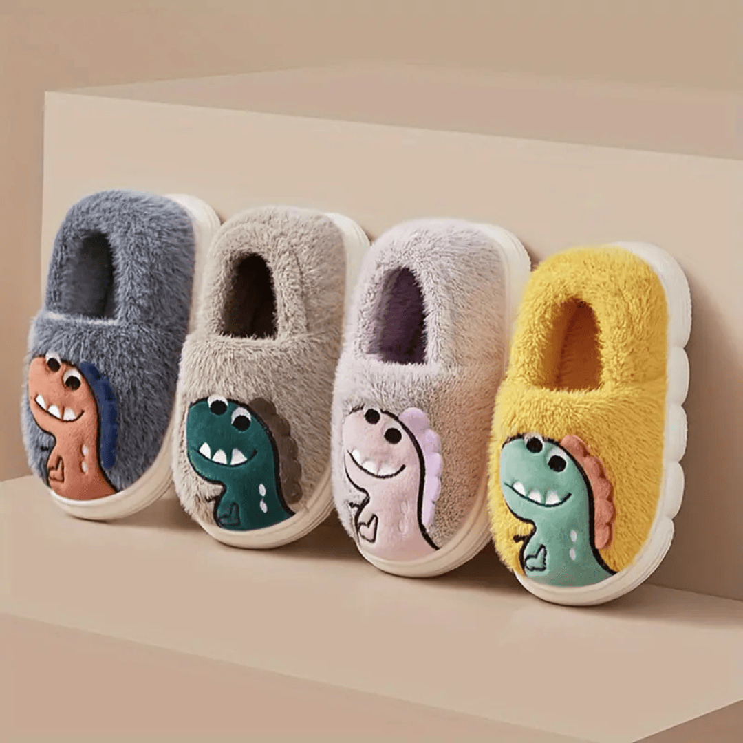Pavoco Kinder Schuhe Flauschige Hausschuhe für Kinder warm rutschfest mit Dino-Design Herbst Winter