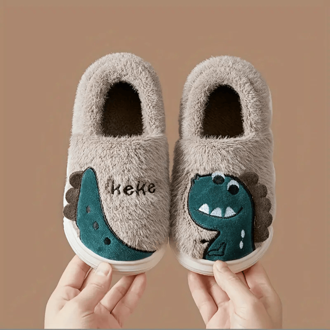 Pavoco Kinder Schuhe Khaki / 24-25 Flauschige Hausschuhe für Kinder warm rutschfest mit Dino-Design Herbst Winter