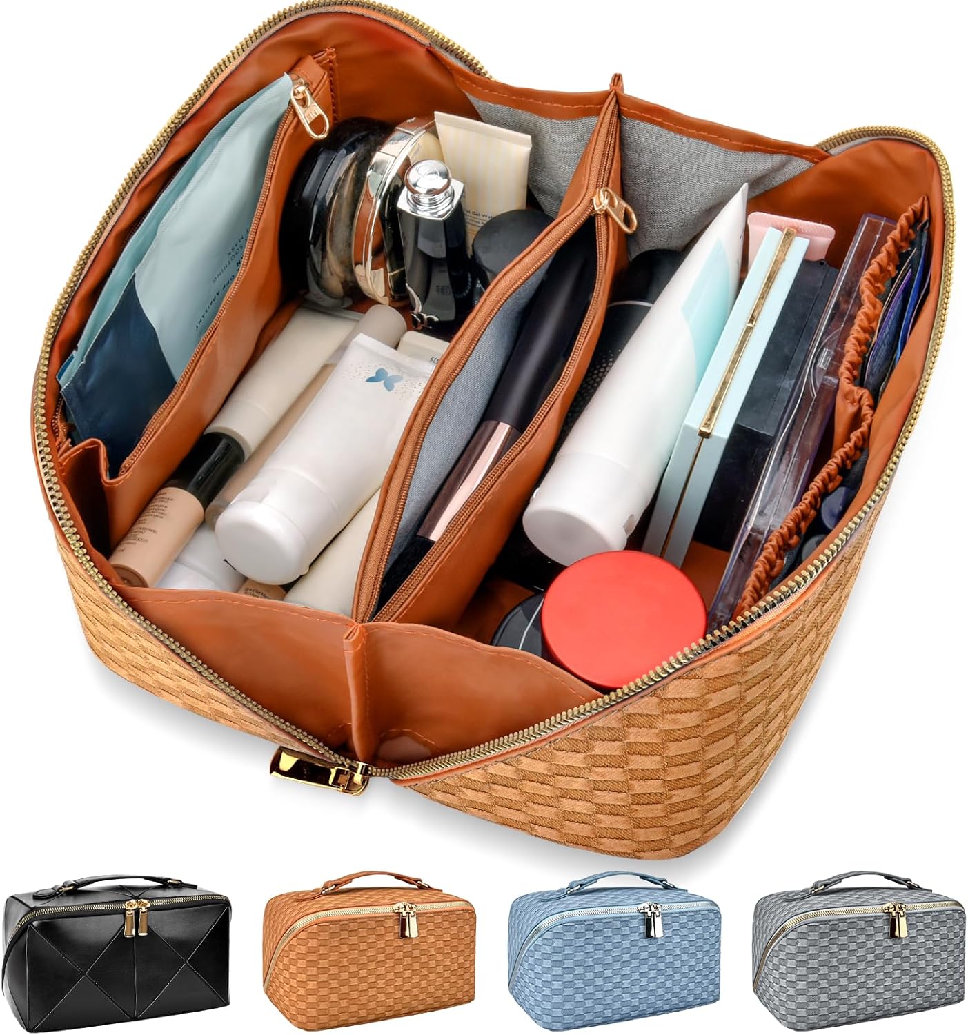 Pavoco Makeup-Taschen & -Etuis Orange Wasserfeste Reisetasche groß für Damen elegant mit Fächern für Make-up