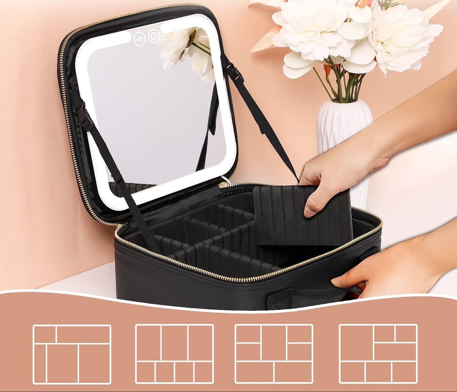 Pavoco Makeup-Zubehör Eleganter Make Up Organizer für Damen kompakt mit LED Spiegel für unterwegs