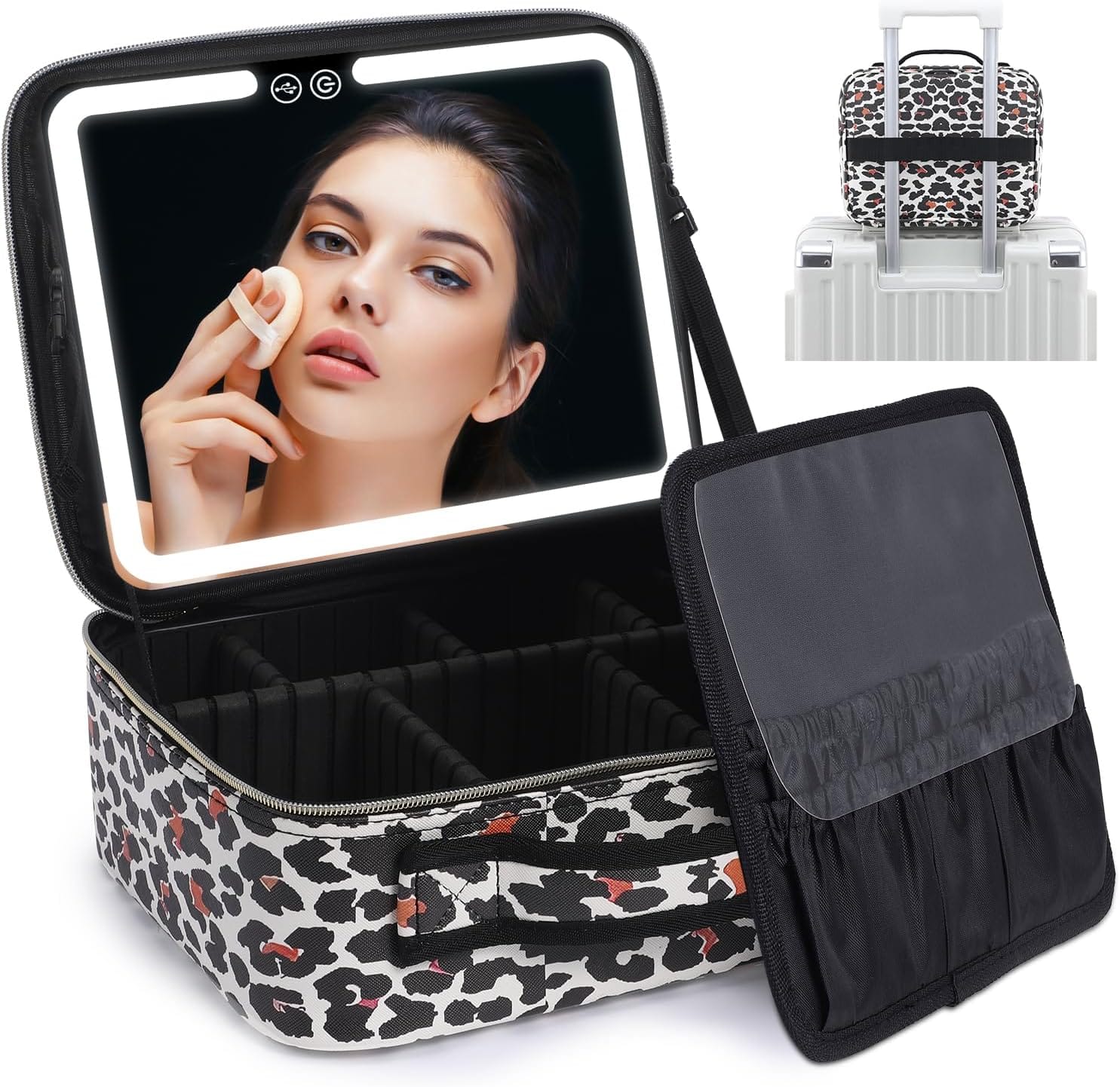 Pavoco Makeup-Zubehör Leopard Eleganter Make Up Organizer für Damen kompakt mit LED Spiegel für unterwegs