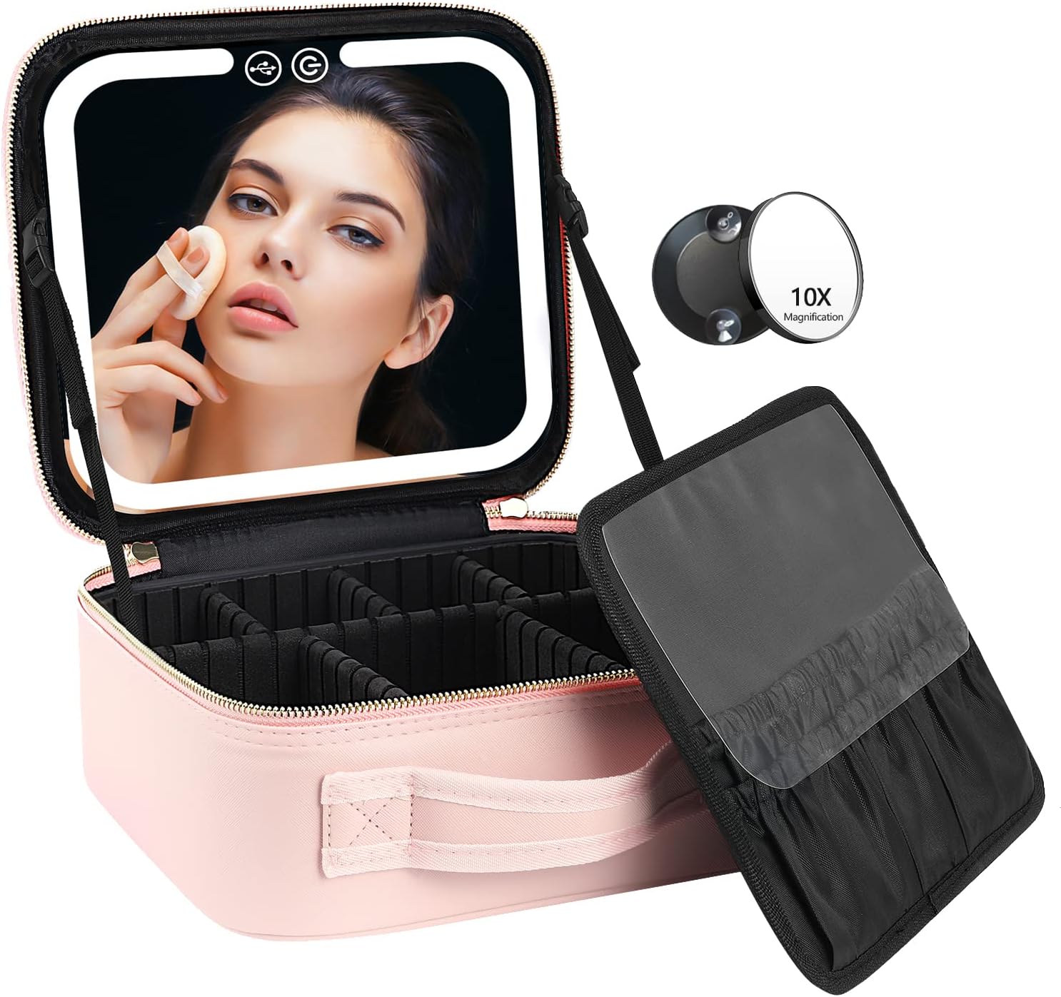 Pavoco Makeup-Zubehör Rosa Eleganter Make Up Organizer für Damen kompakt mit LED Spiegel und mehreren Fächern