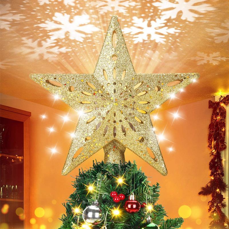 Pavoco Saisonale Dekorationen Stern Gold Funkelnde LED-Schneeflocken-Baumspitze für Weihnachtsdekoration festlich elegant