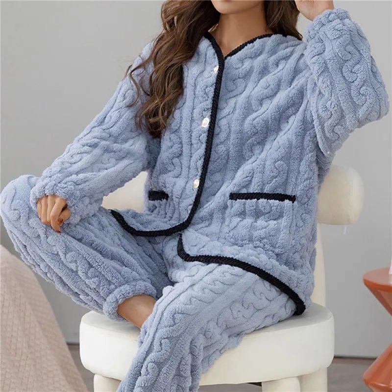 Pavoco Schlafanzug Elegantes Damen Pyjama lang aus Wolle Winter klassisch warm und bequem