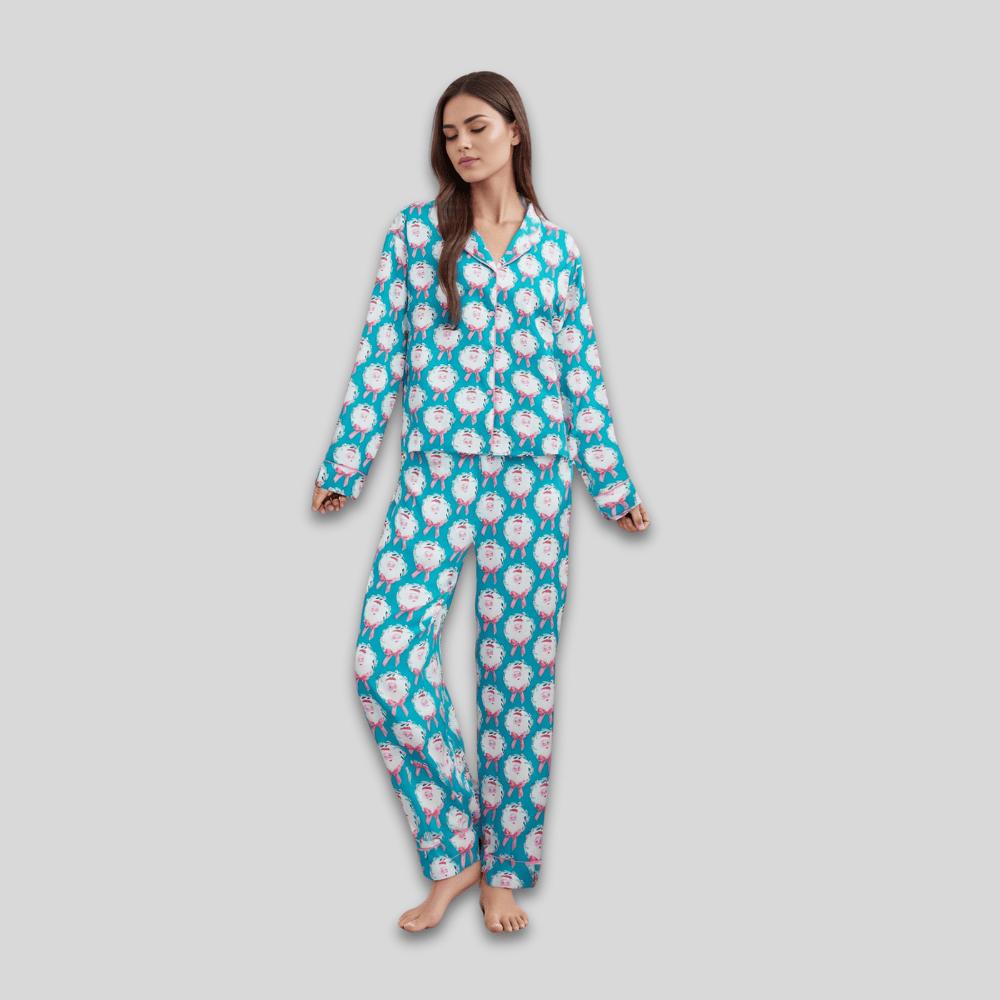 Pavoco Schlafanzüge Blau / S Festlicher Satin Schlafanzug für Damen langarm gemütlich Weihnachten