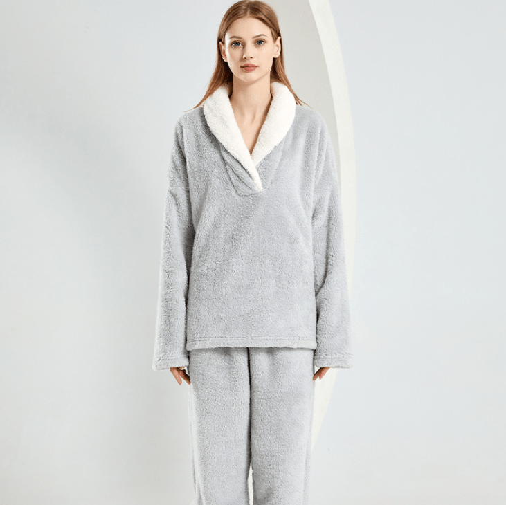 Pavoco Schlafanzüge Grau / S Kuscheliges Fleece-Pyjama-Set für Damen warm bequem Winter