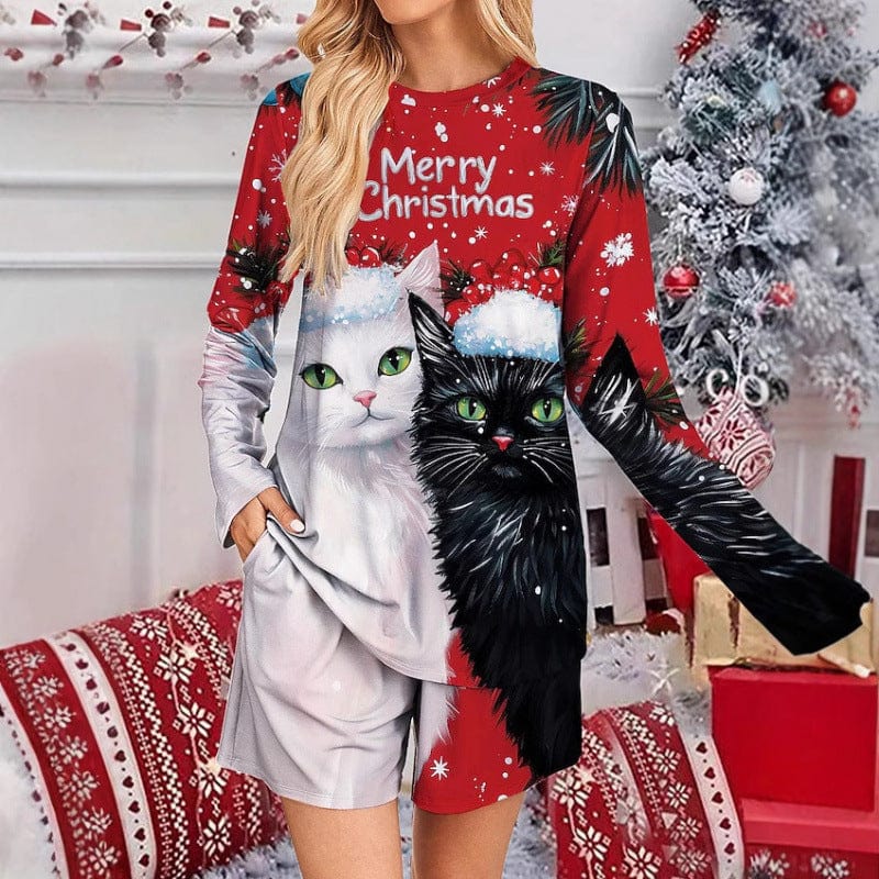 Pavoco Schlafanzüge Große Katzen / S Lässiges Weihnachts-Pyjama-Set für Damen mit Katzenmotiv bequem atmungsaktiv