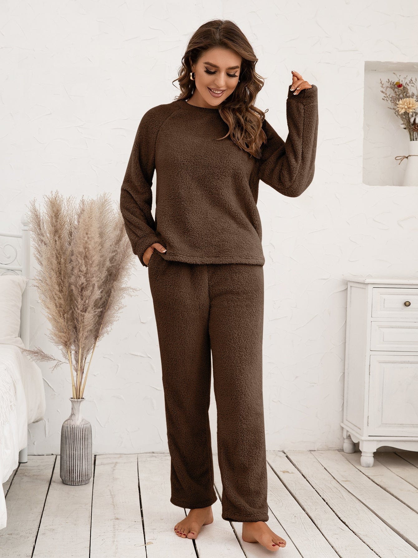 Pavoco Schlafanzüge Kaffee / S Kuscheliges Fleece Pyjama für Damen langarm bequem Winter weich