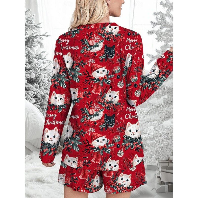 Pavoco Schlafanzüge Lässiges Weihnachts-Pyjama-Set für Damen mit Katzenmotiv bequem atmungsaktiv