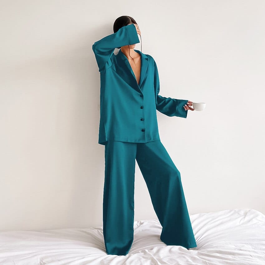 Pavoco Schlafanzüge & Loungewear Blau / S Elegantes Satin Pyjama Set für Damen lang atmungsaktiv bequem Seide