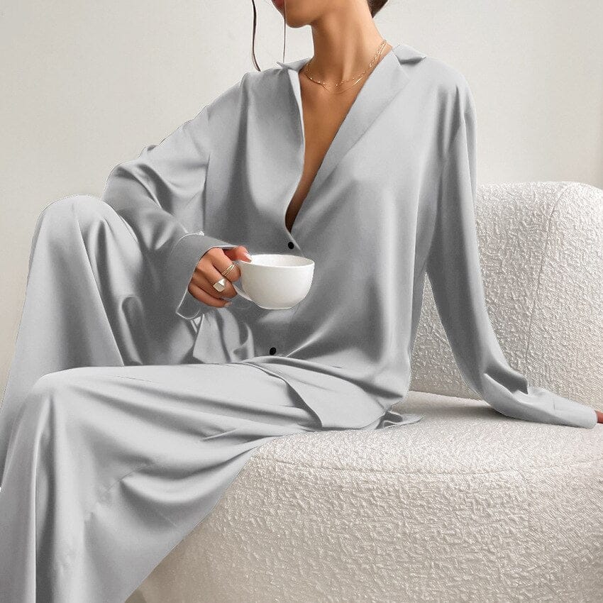 Pavoco Schlafanzüge & Loungewear Grau / S Elegantes Satin Pyjama Set für Damen lang atmungsaktiv bequem Seide