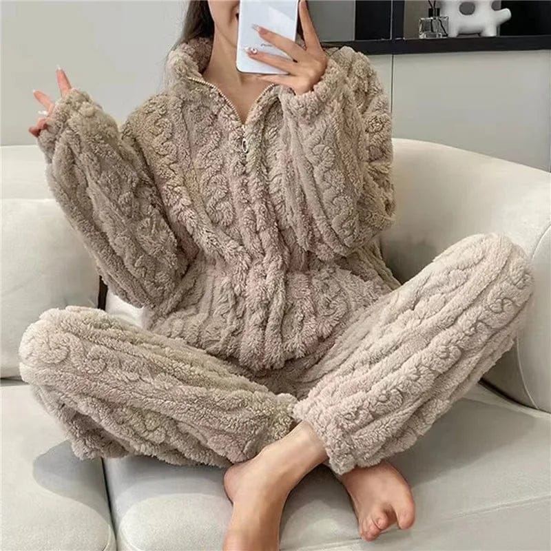 Pavoco Schlafanzüge & Loungewear Kaffee / L Kuscheliger Damen Pyjama lang Baumwolle oversized Winter weich