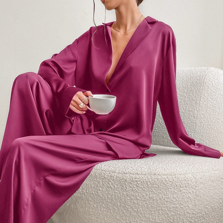 Pavoco Schlafanzüge & Loungewear Rosa / S Elegantes Satin Pyjama Set für Damen lang atmungsaktiv bequem Seide