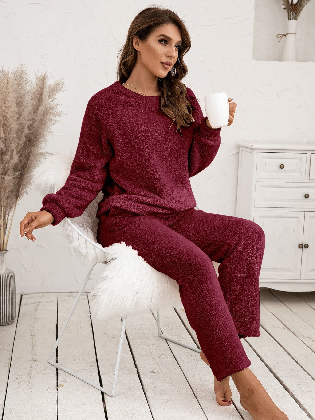 Pavoco Schlafanzüge Weinrot / S Kuscheliges Fleece Pyjama für Damen langarm bequem Winter weich