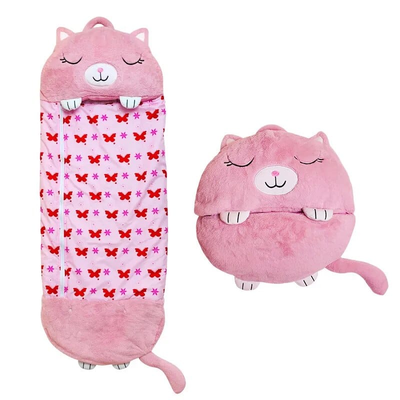 Pavoco Schlafsäcke Katze / 135x50cm Kuschelweicher Kinderschlafsack für Kinder tragbar mit Umarmungskissen Plüsch