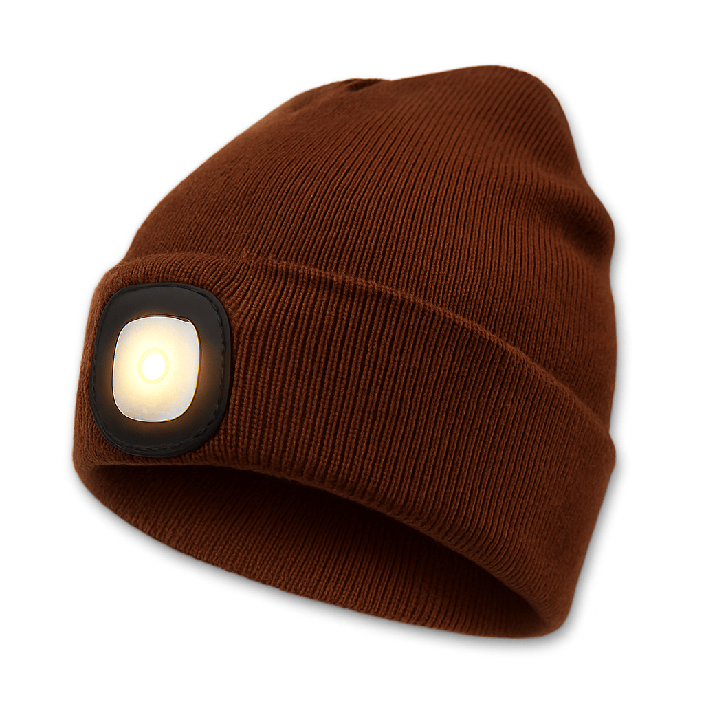 Pavoco Stirnlampen Hüte Braun Bequeme LED Stirnlampenmütze für Unisex warm atmungsaktiv wiederaufladbar Winter