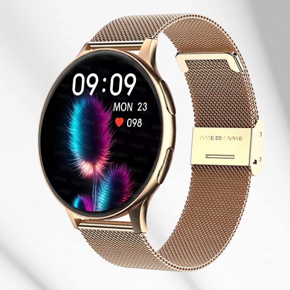 Pavoco Tragbare Technologie Gold - Milanaise Elegante Smartwatch für Damen stilvoll vielseitig Gesundheitsüberwachung 100 Sportarten
