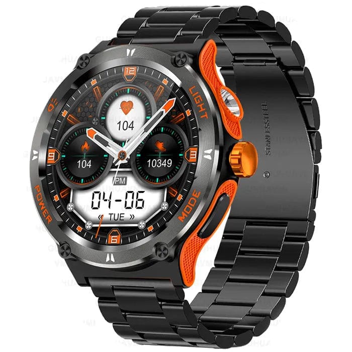 Pavoco Uhren Schwarz/Orange - Edelstahlband Robuste Smartwatch für Herren taktisch wasserdicht Outdoor 25 Tage Akku