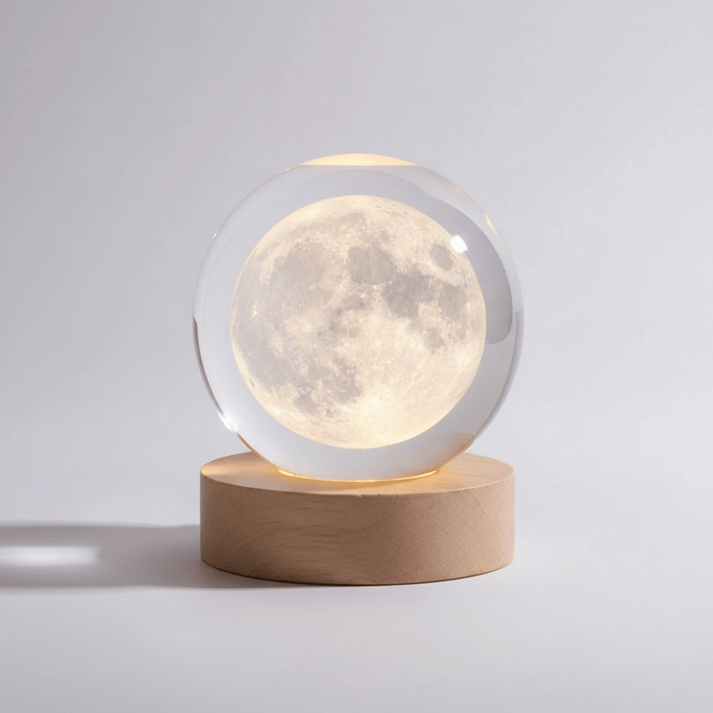 Pavoco Beleuchtung Mond Faszinierende LED Lampe für Unisex 3D Gravur warmweiß aus Holz und Glas