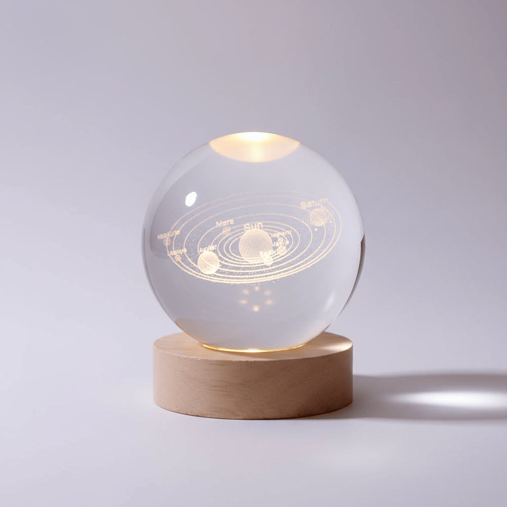 Pavoco Beleuchtung Sonnensystem Faszinierende LED Lampe für Unisex 3D Gravur warmweiß aus Holz und Glas