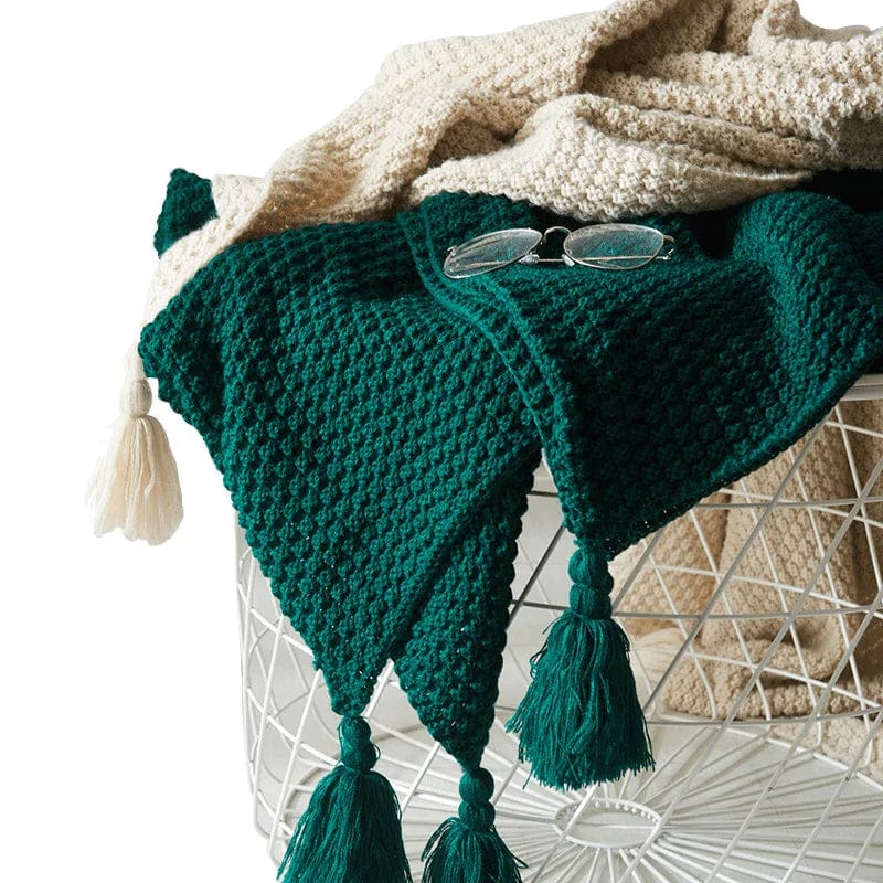 Pavoco Bettwäsche Dunkelgrün / 110x150cm Kuschelige Wolldecke für Unisex aus Schurwolle skandinavisches Design mit Quasten