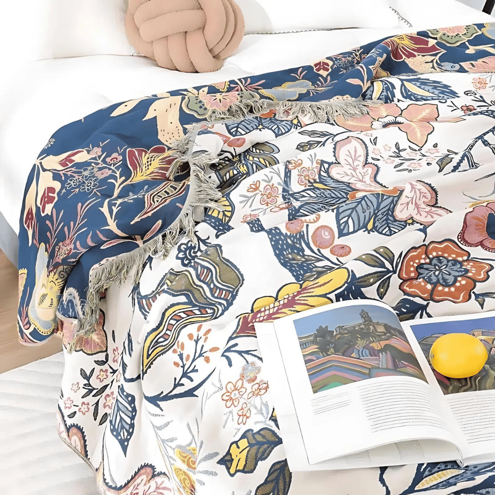 Pavoco Bettwäsche & Textilien Elegante Baumwolldecke für Unisex floral wendbar mit Quasten atmungsaktiv