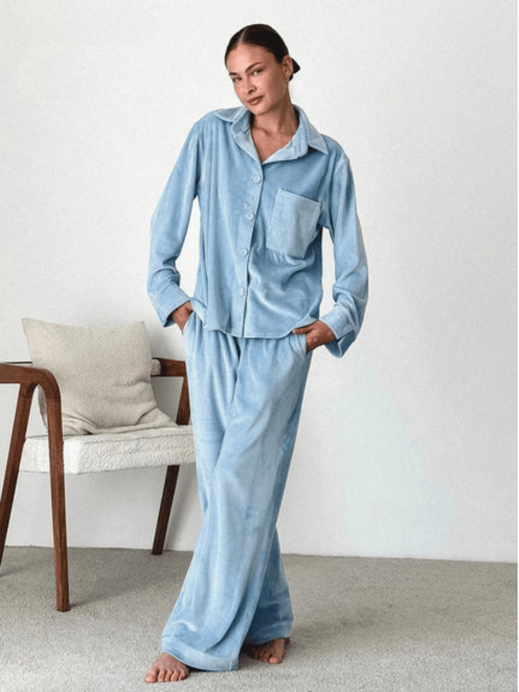 Pavoco Damen Schlafanzüge Blau / 8 (S) Bequemes Pyjama-Set für Damen mit Hemd und Hose weit geschnitten