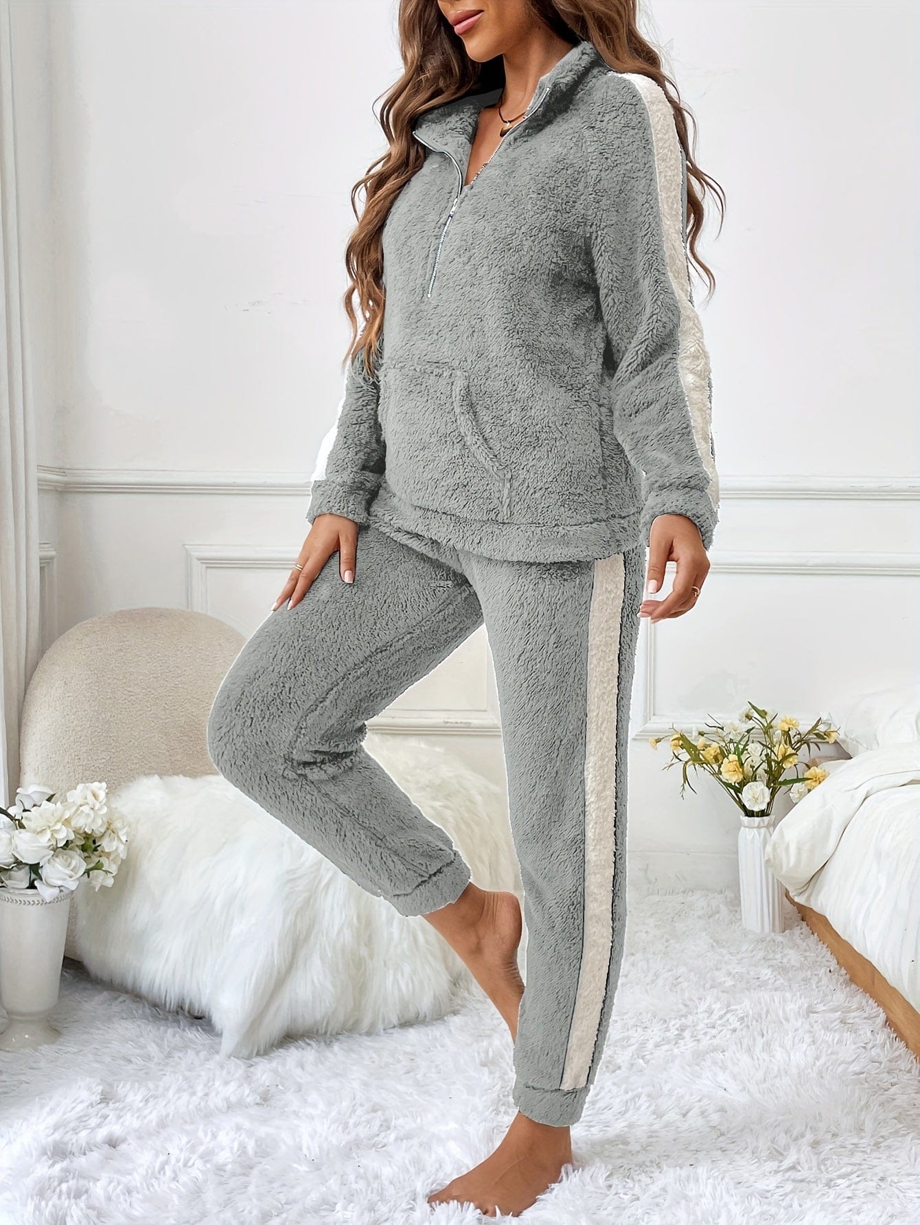 Pavoco Damen Schlafanzüge Grau / S Weiches Pyjama Set für Damen Plüsch warm Herbst Winter trendy Farben